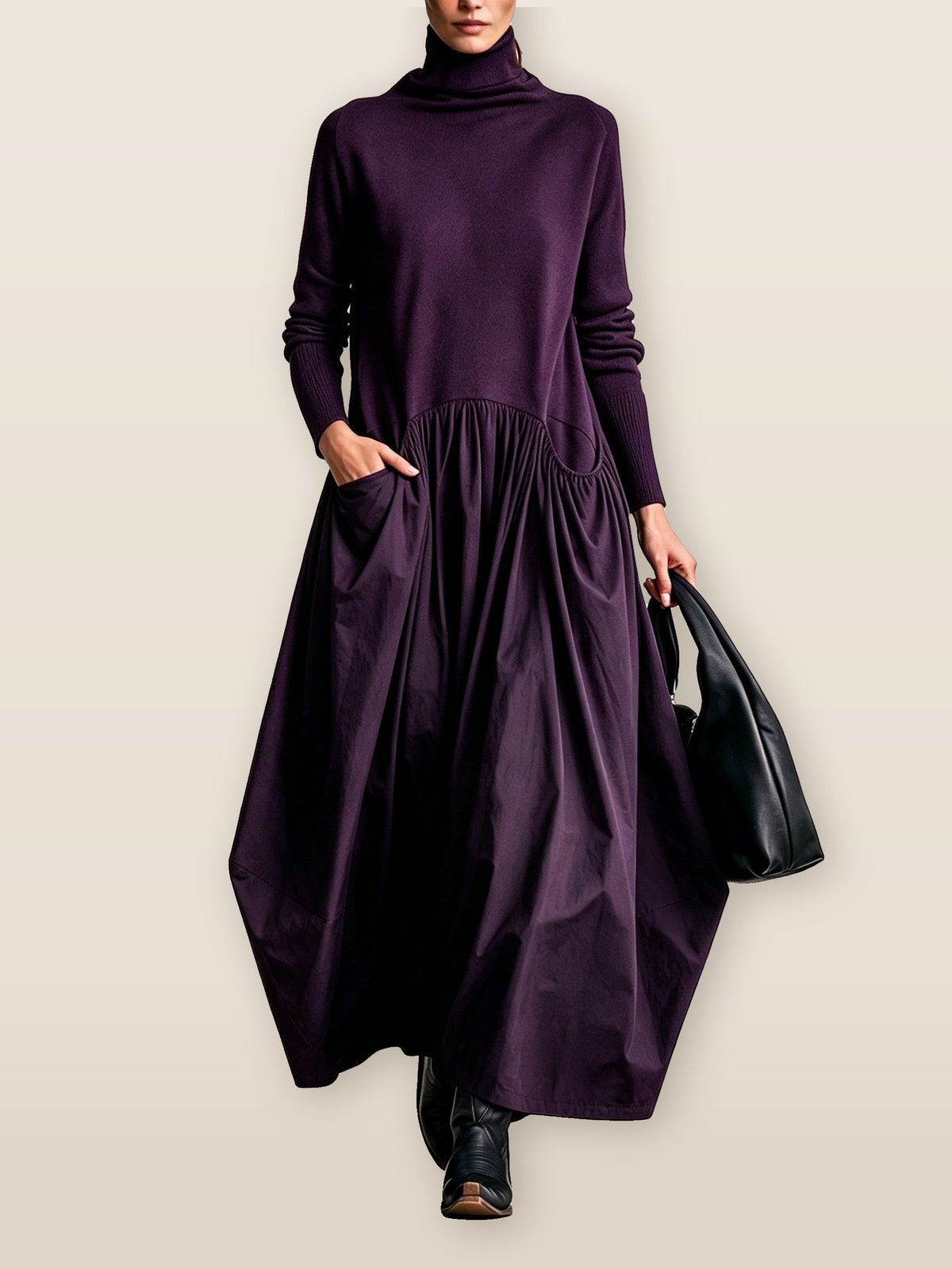 Wilhelmina Roll-Neck Knit Maxi Dress in plum