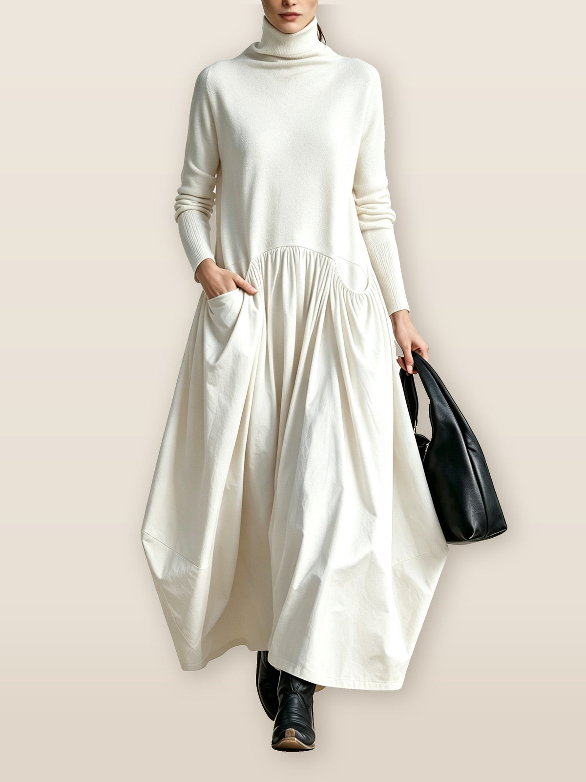Wilhelmina Roll-Neck Knit Maxi Dress in ivory