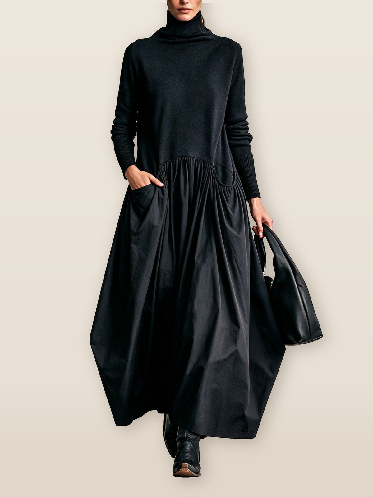 Wilhelmina Roll-Neck Knit Maxi Dress in black