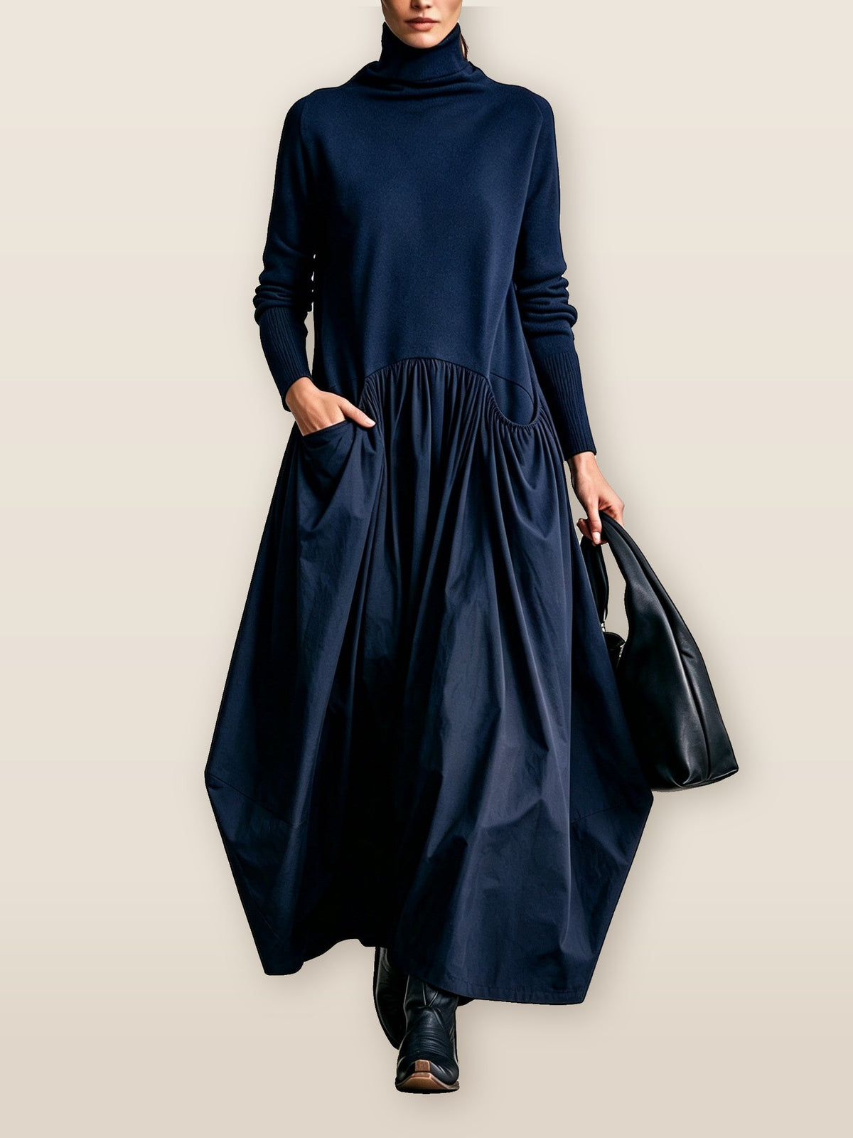 Wilhelmina Roll-Neck Knit Maxi Dress in navy blue