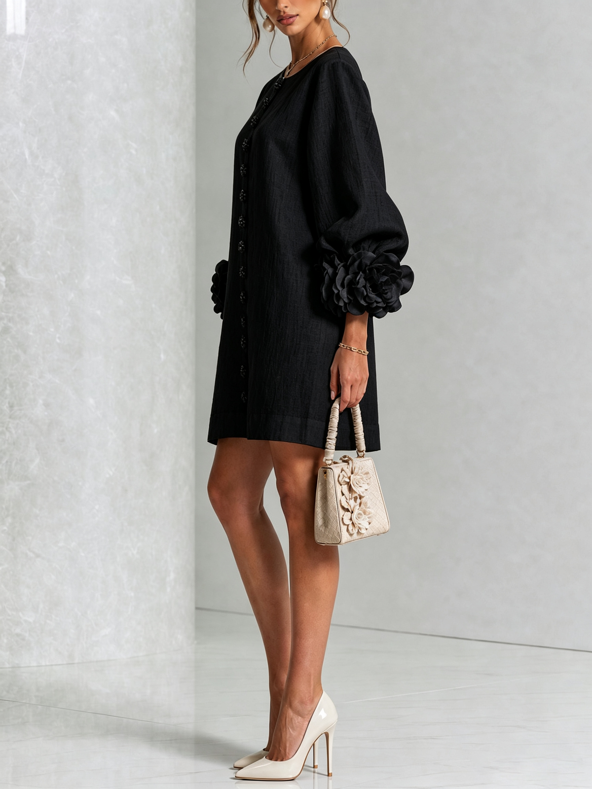 Henrietta | Floral-Cuff Button Mini Dress
