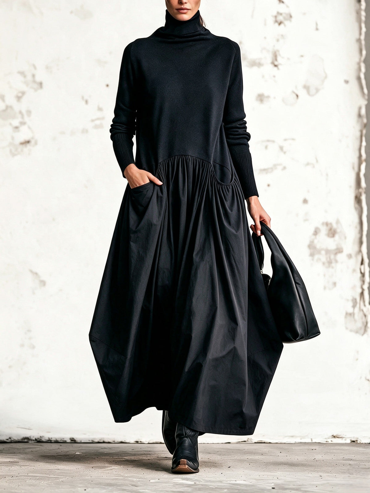 Philippa High Neck Oversized Maxi Dress in Black