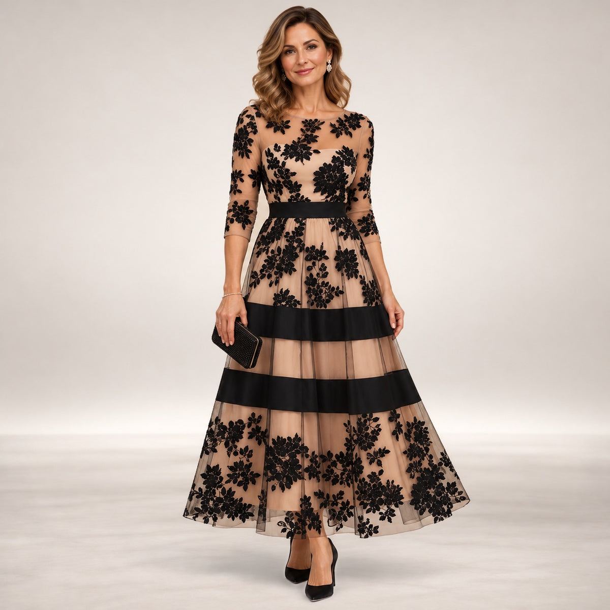 Adeline floral lace midi evening dress in Noir & Nude