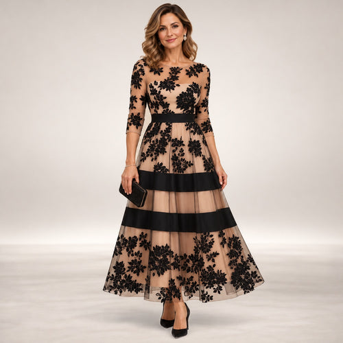 Adeline floral lace midi evening dress in Noir & Nude
