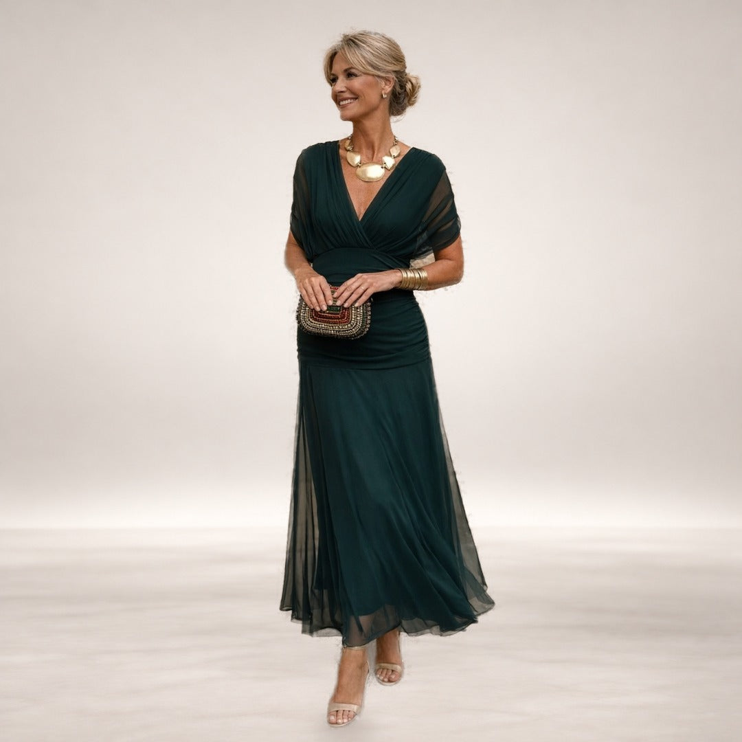 Angelina – Tummy Flattering Off Shoulder Maxi Dress in Dark Green