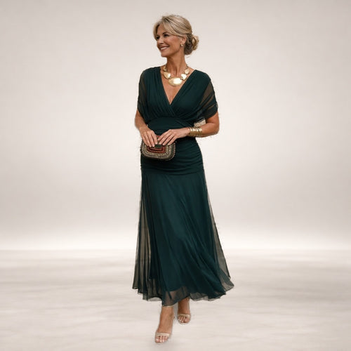 Angelina – Tummy Flattering Off Shoulder Maxi Dress in Dark Green