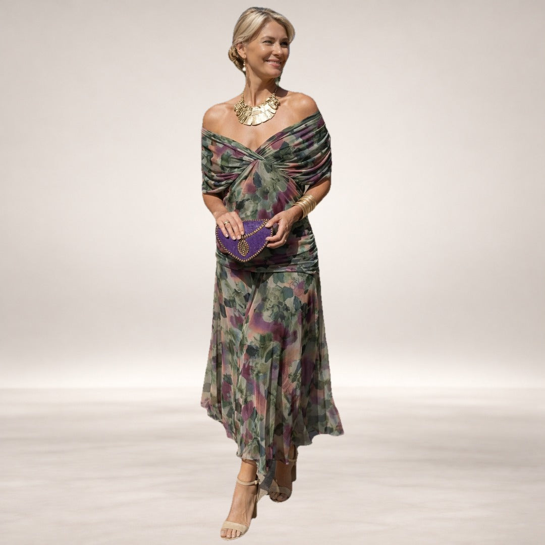 Angelina – Tummy Flattering Off Shoulder Maxi Dress in Olive Green