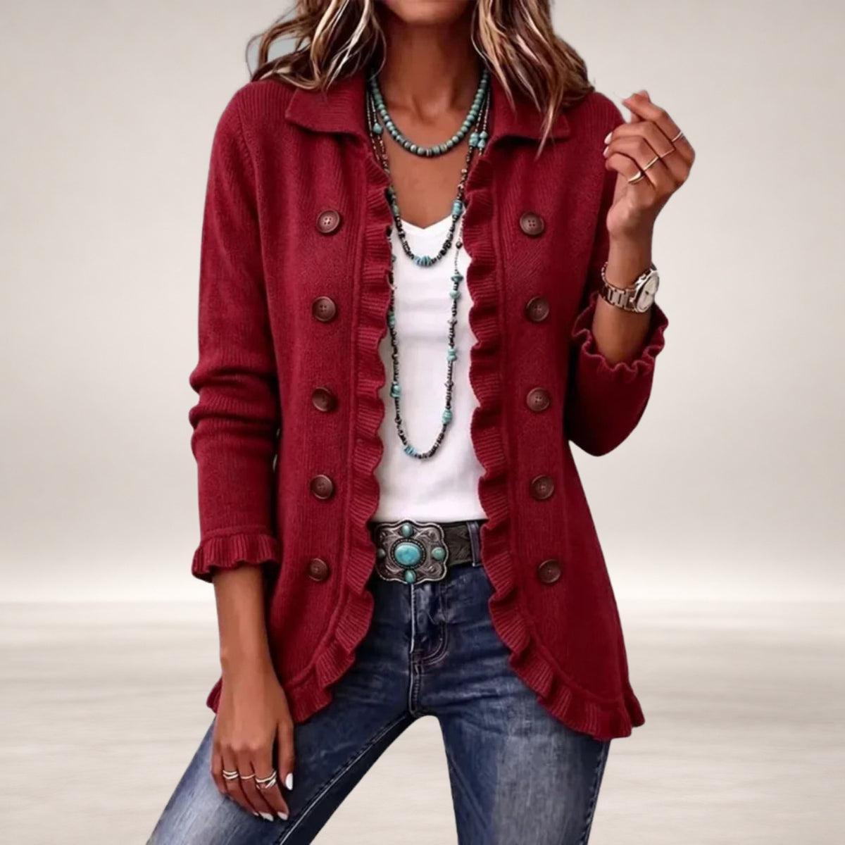 Ave Classic Ruffle Cardigan in Red