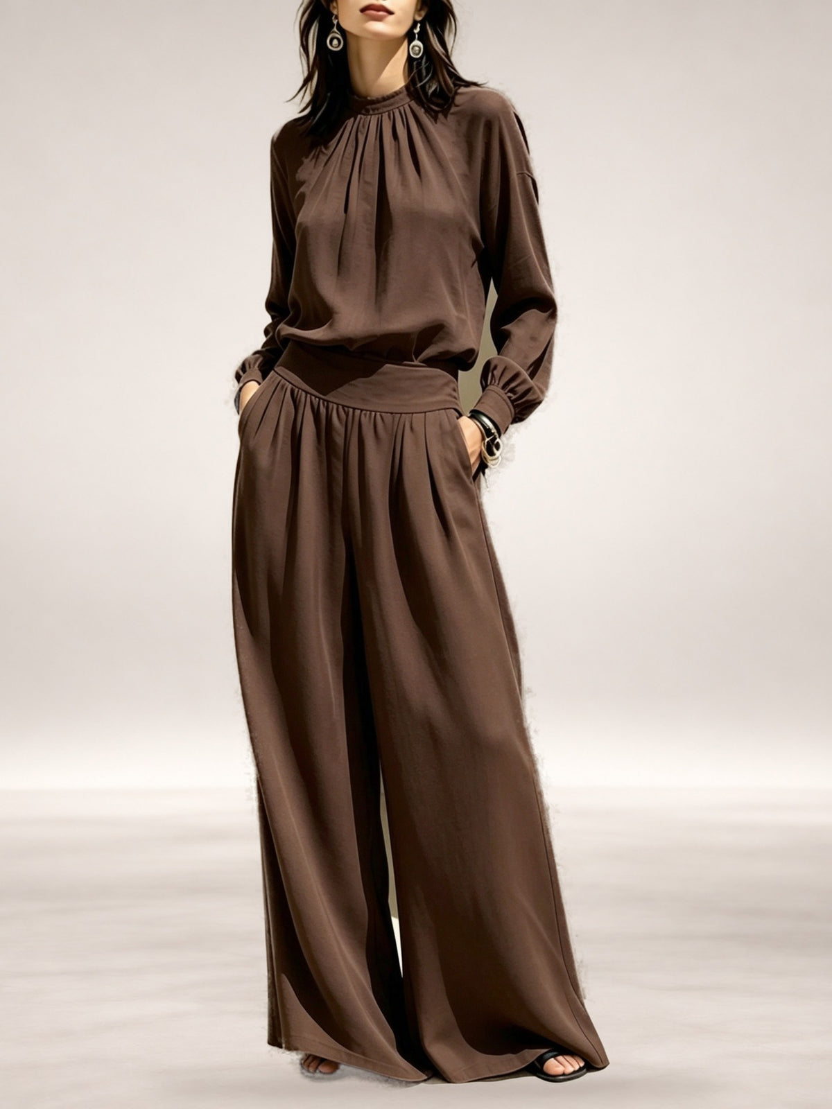 Bertha Gathered Neck Wide-Leg Two-Piece Set in Chocolate