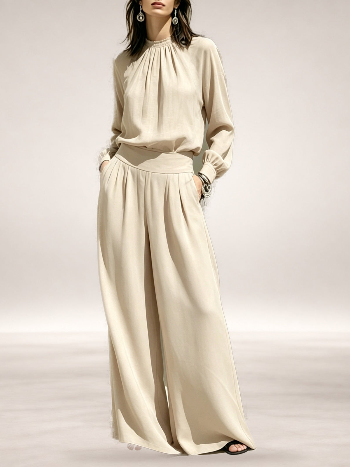Bertha Gathered Neck Wide-Leg Two-Piece Set in Cream