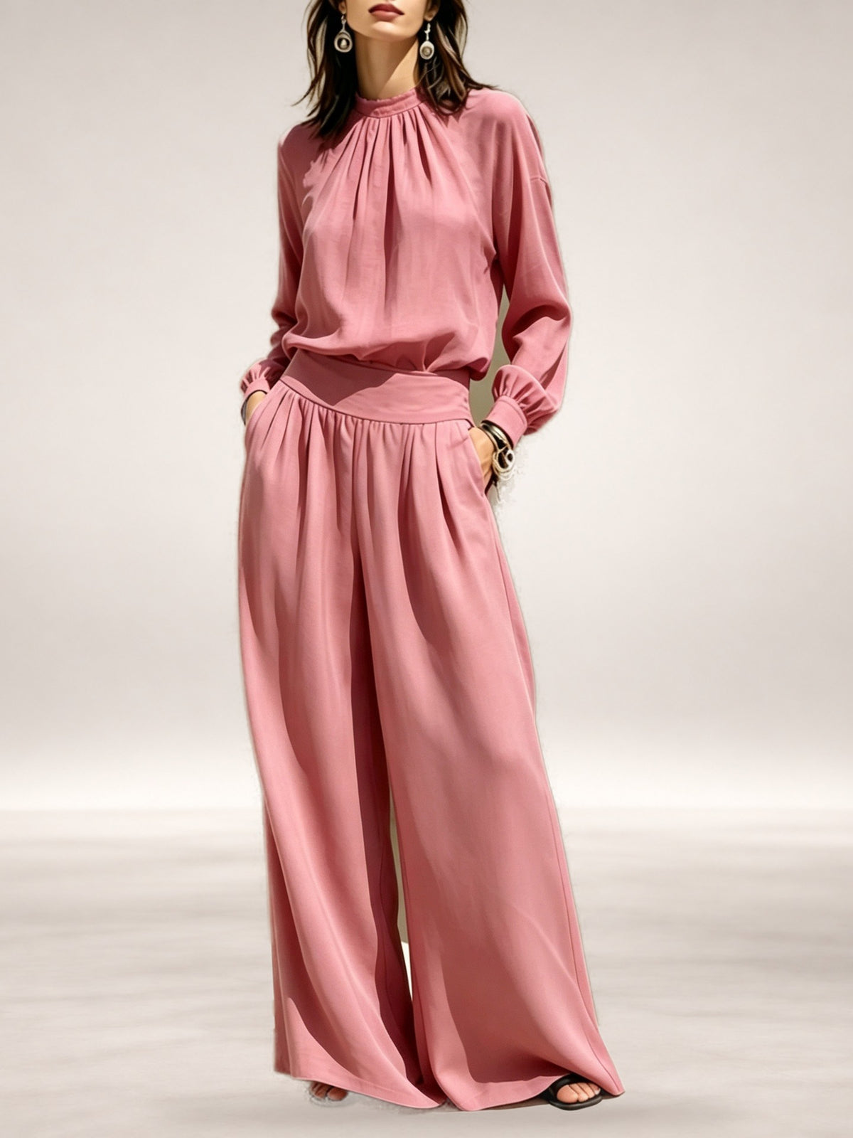 Bertha Gathered Neck Wide-Leg Two-Piece Set in Dusty Pink