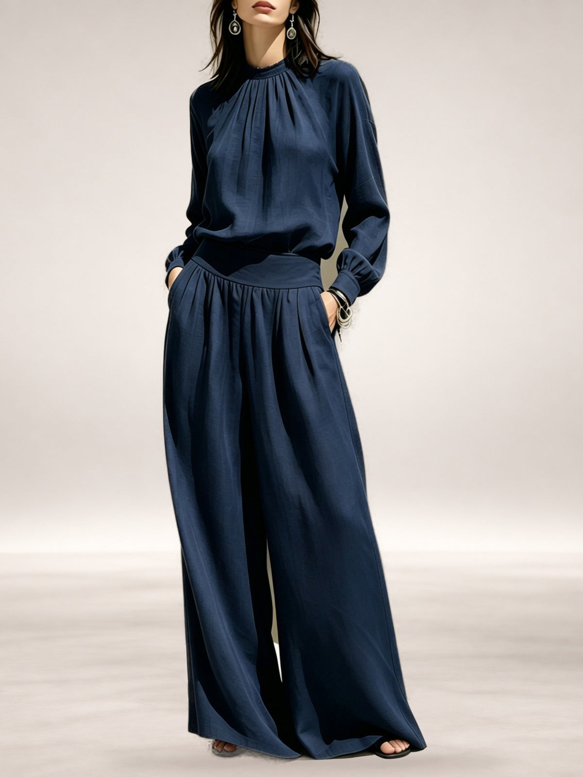 Bertha Gathered Neck Wide-Leg Two-Piece Set in Navy