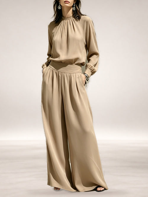 Bertha Gathered Neck Wide-Leg Two-Piece Set in Taupe