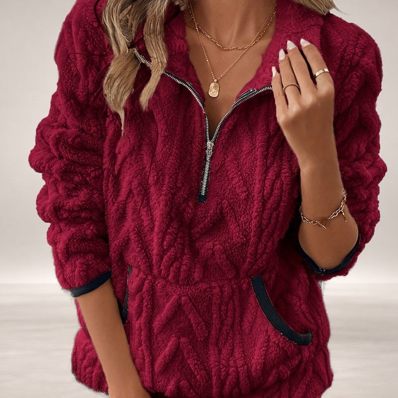 Briella – Fuzzy Half-Zip Sweatshirt with Pockets in Wine Red