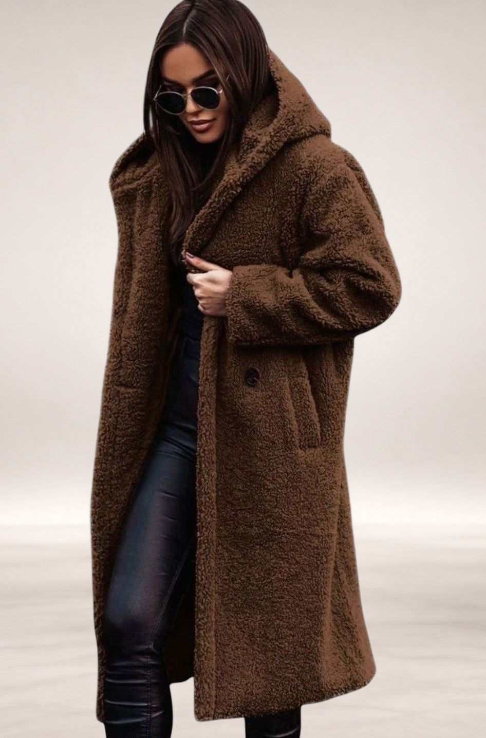 Camila | Women's Elegant Oversized Teddy Faux Fur Long Winter Coat in Brown