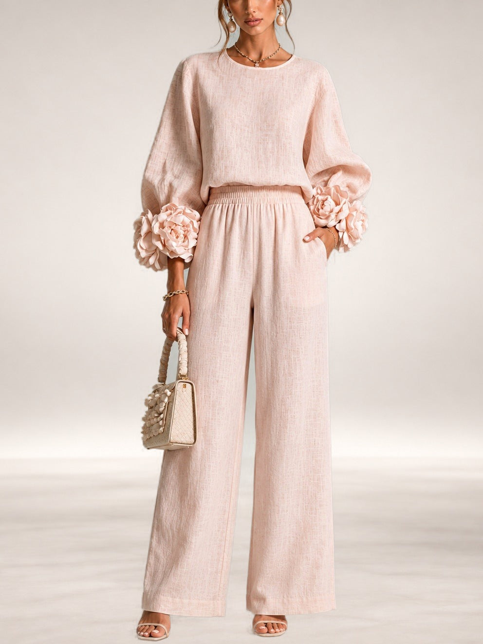 Carys | Floral Cuff Two-Piece Set in Blush Pink