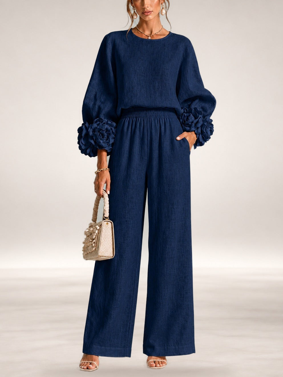 Carys | Floral Cuff Two-Piece Set in Dark Navy