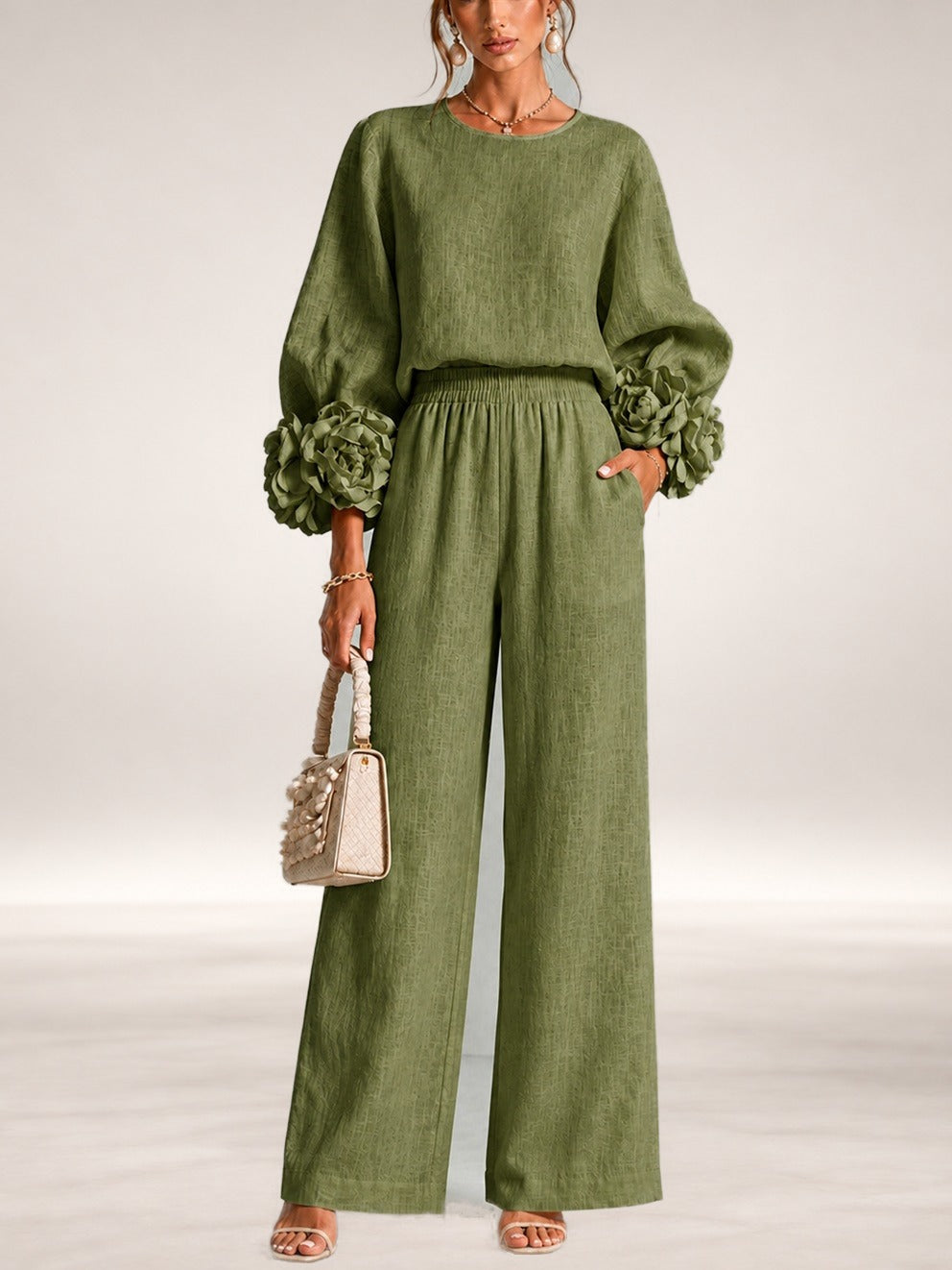 Carys | Floral Cuff Two-Piece Set in Olive Green