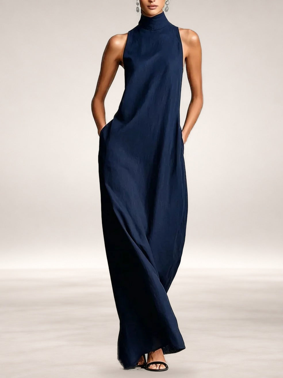 Chrissy – High-Neck Pocket Maxi Dress in Blue