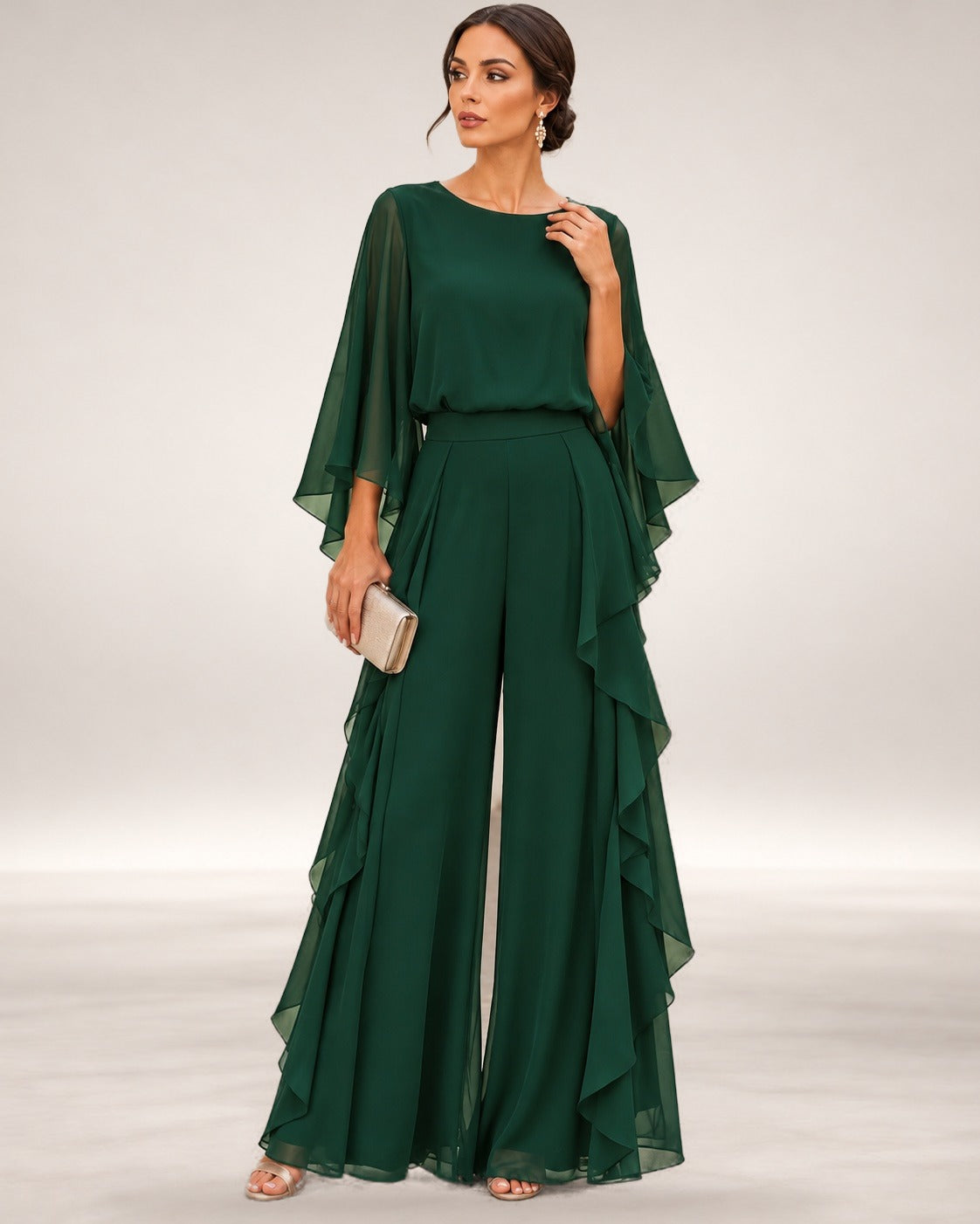 Deborah | Cape-Sleeve Top and Ruffled Skirt Two-Piece Set in Green