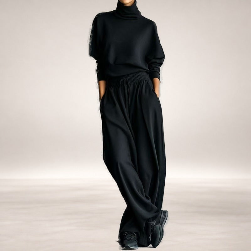 Dolores Turtleneck Wide-Leg Two-Piece Set in Black