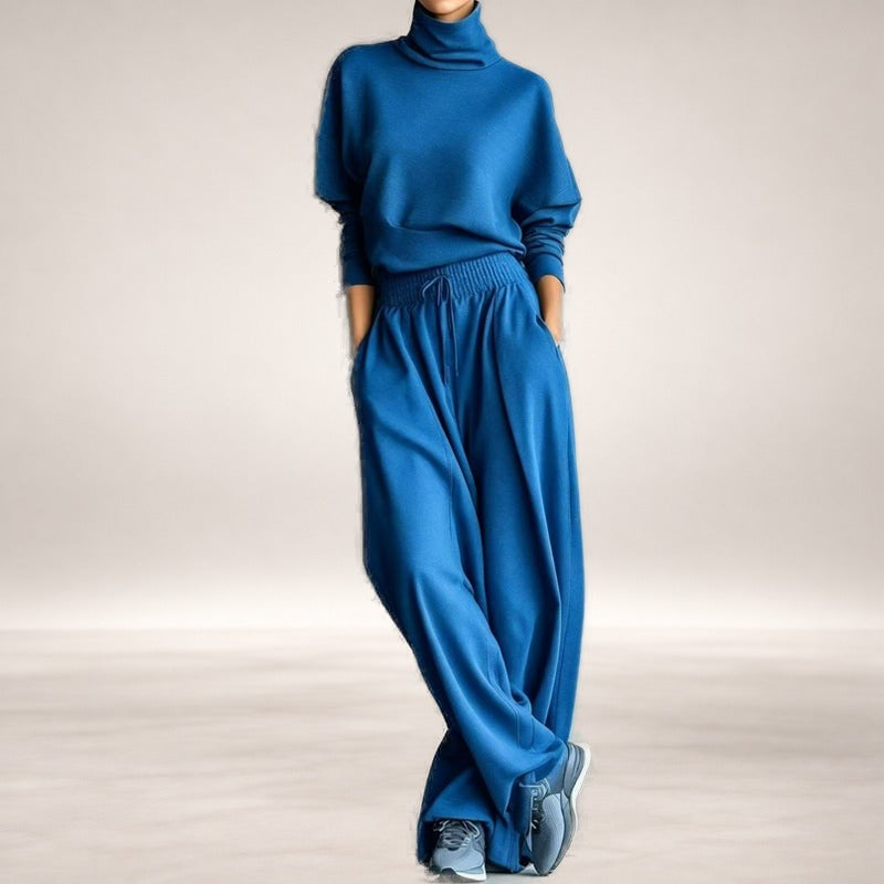 Dolores Turtleneck Wide-Leg Two-Piece Set in Blue
