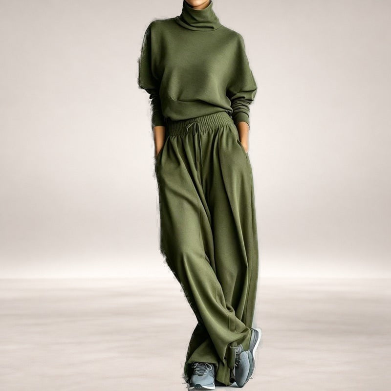 Dolores Turtleneck Wide-Leg Two-Piece Set in Olive