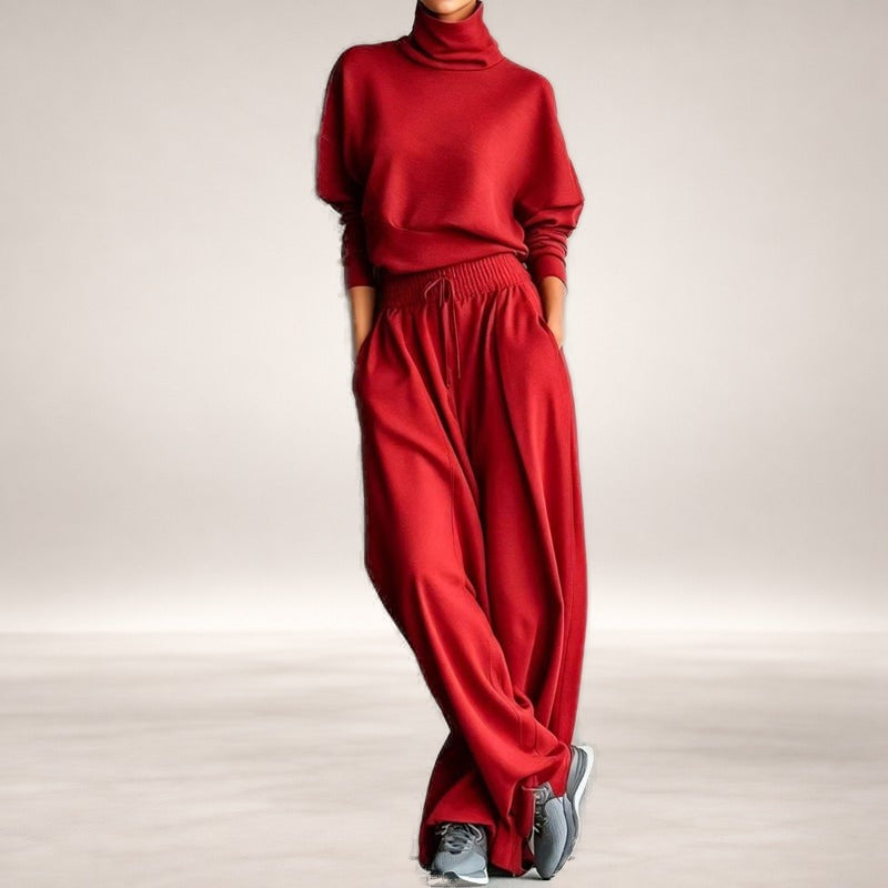 Dolores Turtleneck Wide-Leg Two-Piece Set in Red