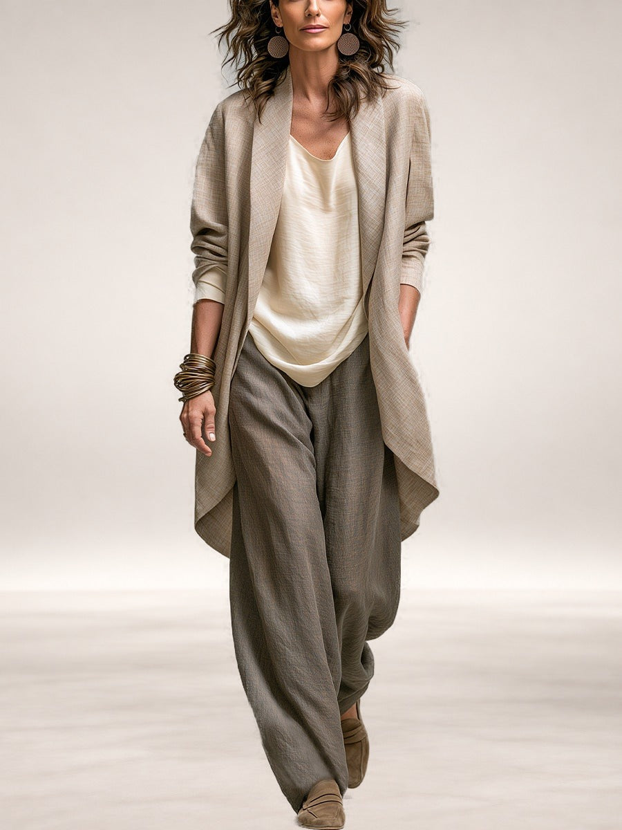 Edwina Three-Piece Wide-Leg Suit Set in Taupe