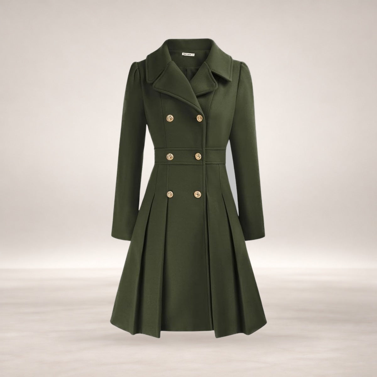 Emma | Women's Coat Double-Breasted Pleated A-Line Long Sleeve Overcoat in Army Green