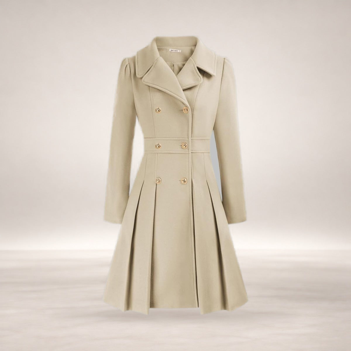 Emma | Women's Coat Double-Breasted Pleated A-Line Long Sleeve Overcoat in Beige