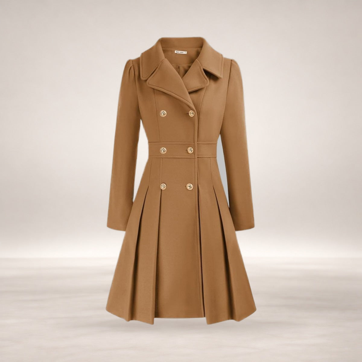 Emma | Women's Coat Double-Breasted Pleated A-Line Long Sleeve Overcoat in Camel