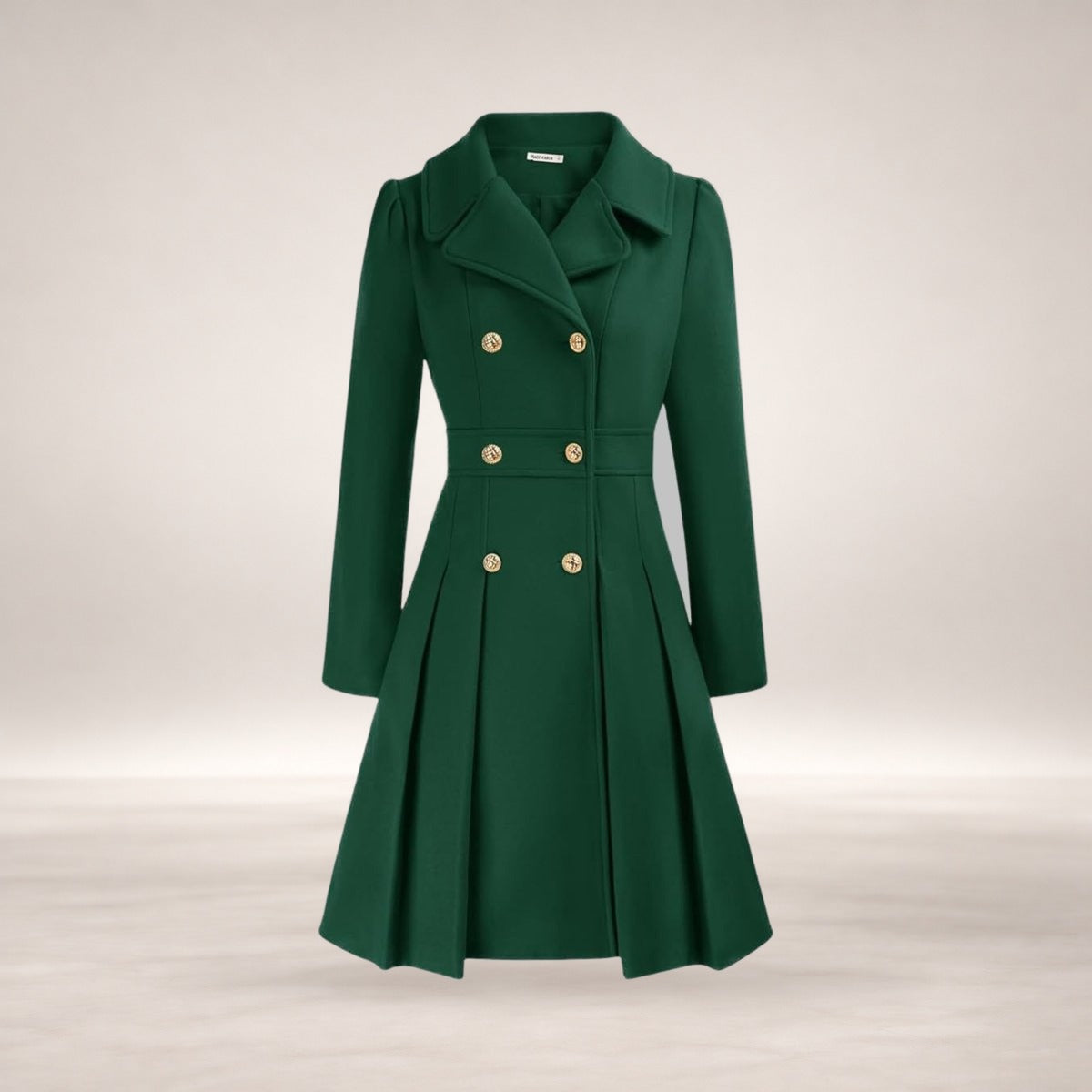 Emma | Women's Coat Double-Breasted Pleated A-Line Long Sleeve Overcoat in Dark Green