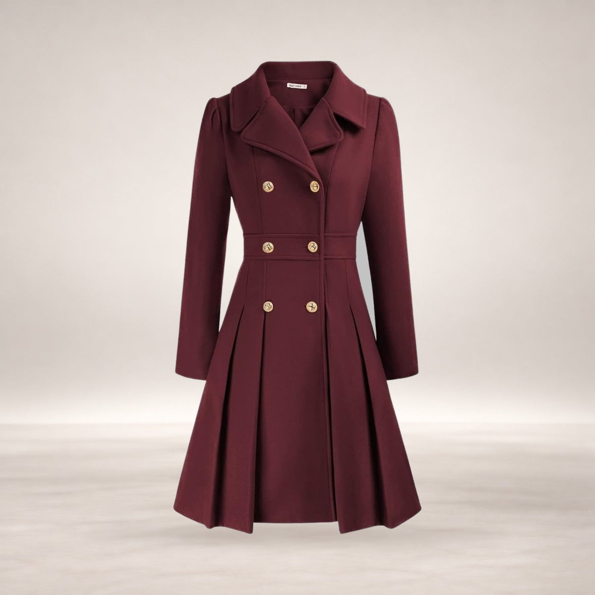 Emma | Women's Coat Double-Breasted Pleated A-Line Long Sleeve Overcoat in Deep Red