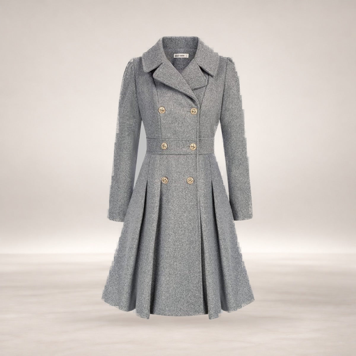 Emma | Women's Coat Double-Breasted Pleated A-Line Long Sleeve Overcoat in Light Gray