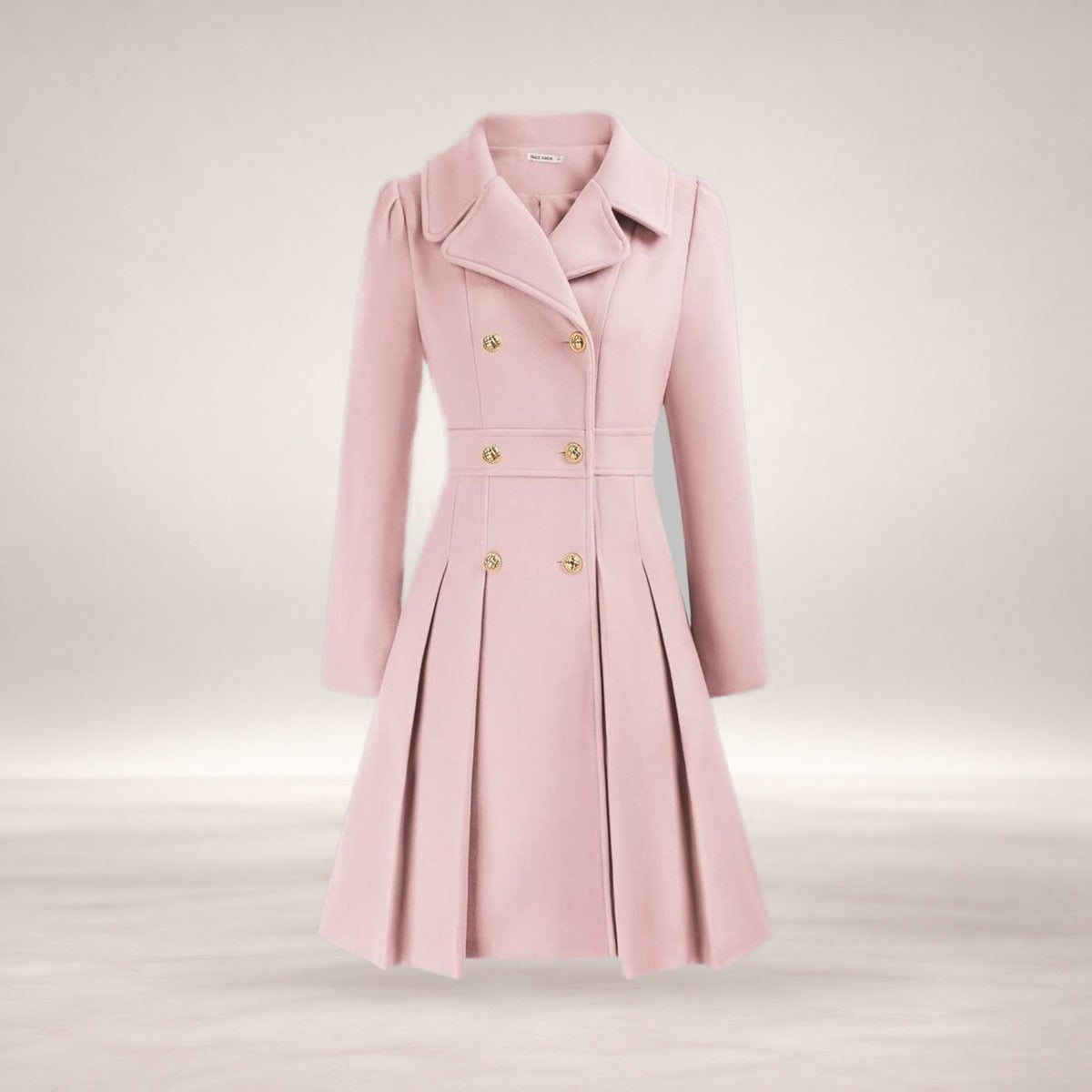 Emma | Women's Coat Double-Breasted Pleated A-Line Long Sleeve Overcoat in Light Pink