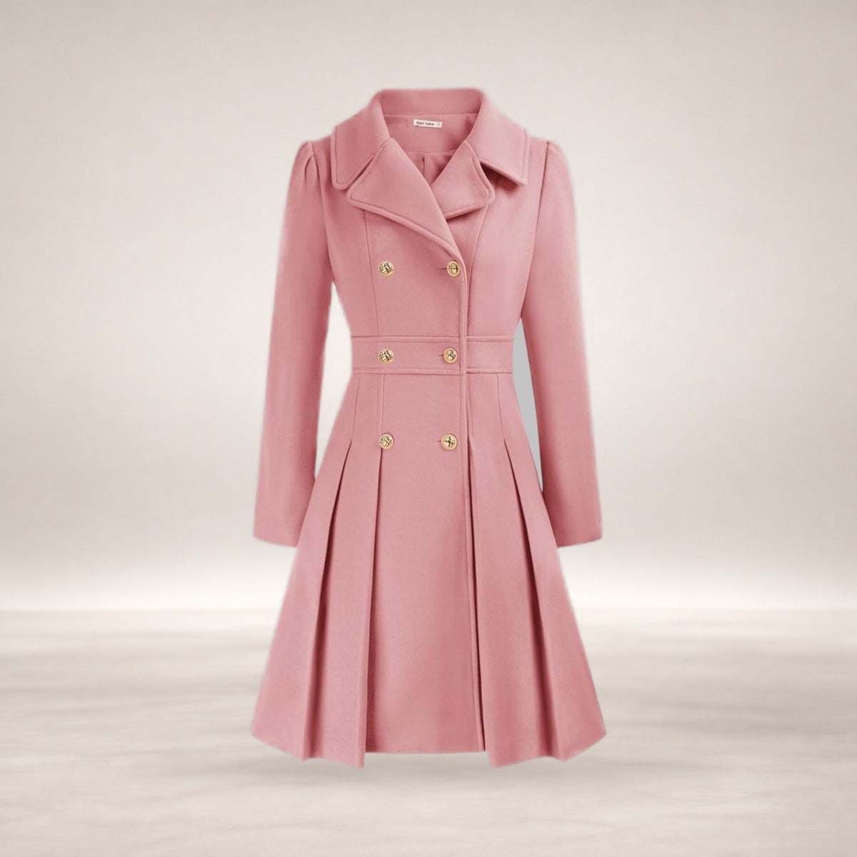 Emma | Women's Coat Double-Breasted Pleated A-Line Long Sleeve Overcoat in Pink