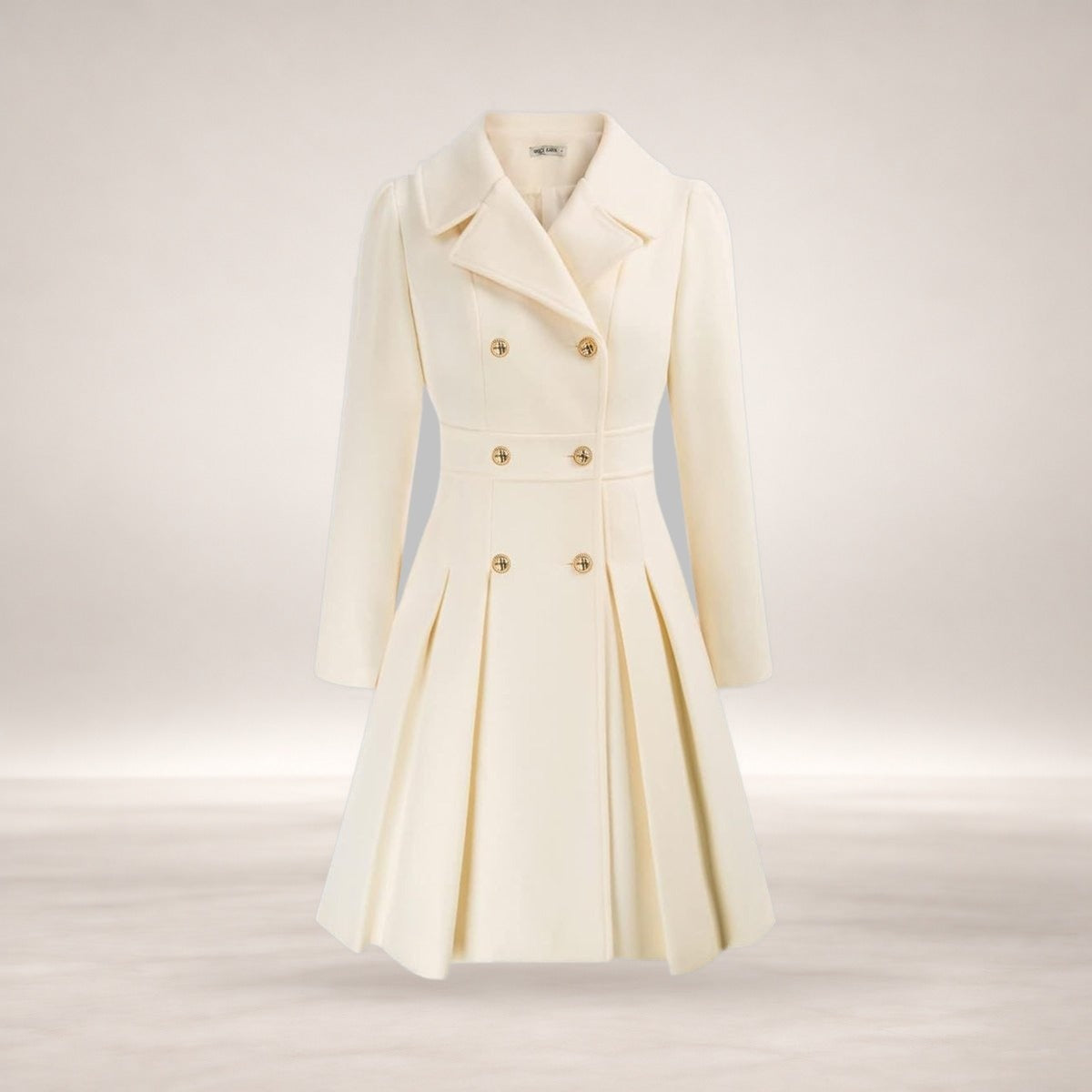 Emma | Women's Coat Double-Breasted Pleated A-Line Long Sleeve Overcoat in White
