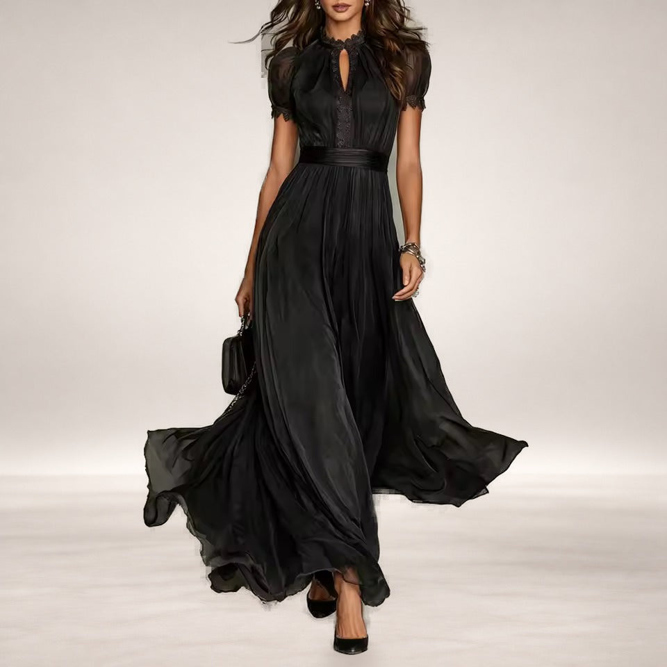 Evangeline – Lace-Trim Flowing Maxi Dress in Black