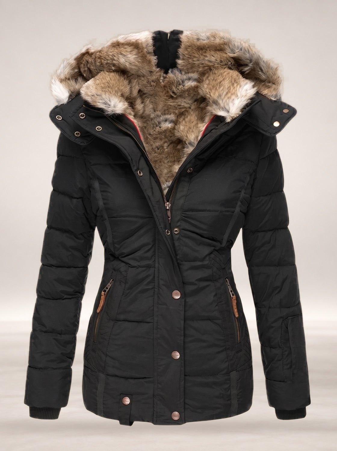 Evelyn | Women's Faux-Fur Hooded Quilted Puffer Winter Coat in Black