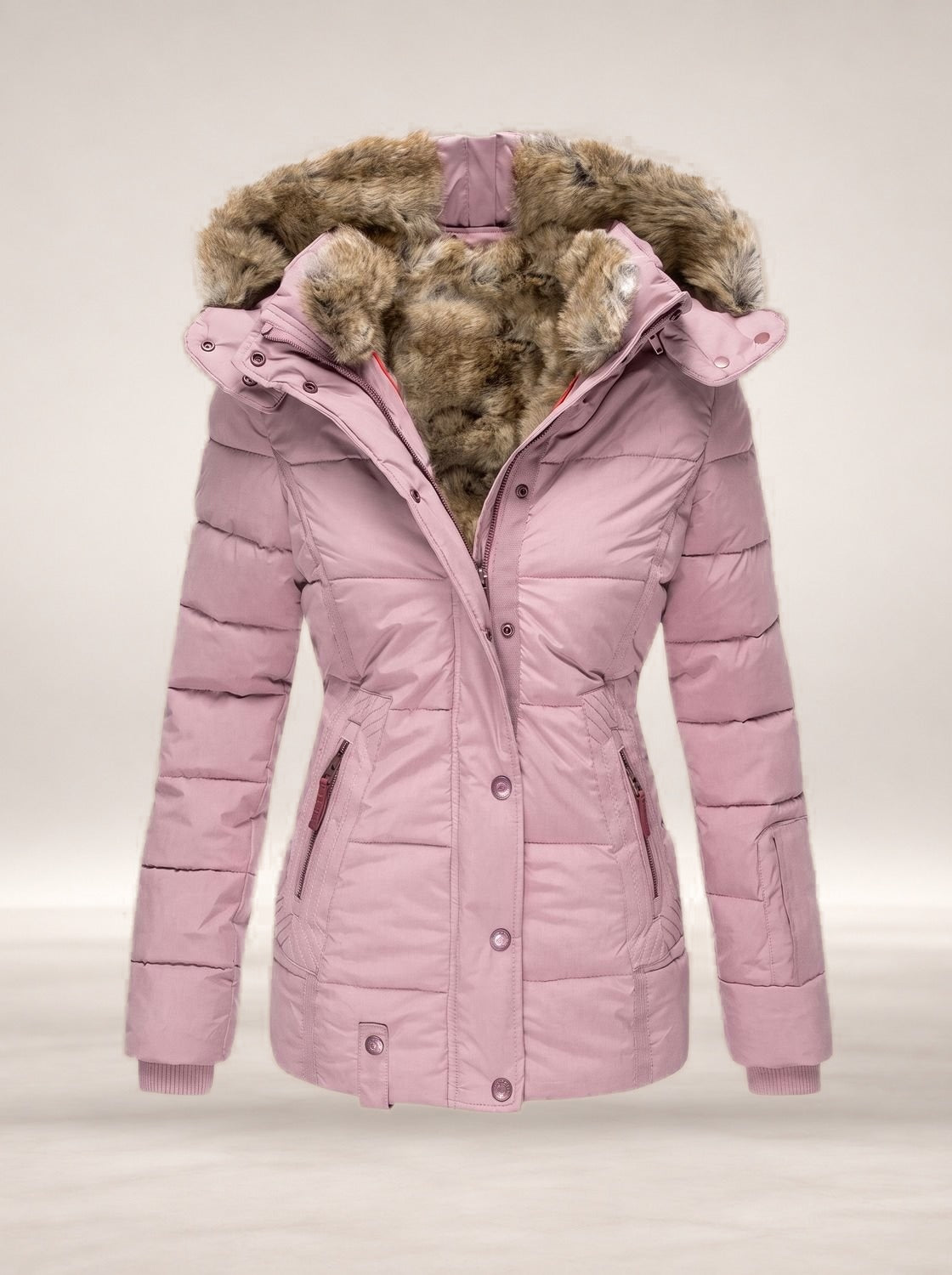 Evelyn | Women's Faux-Fur Hooded Quilted Puffer Winter Coat in Pink