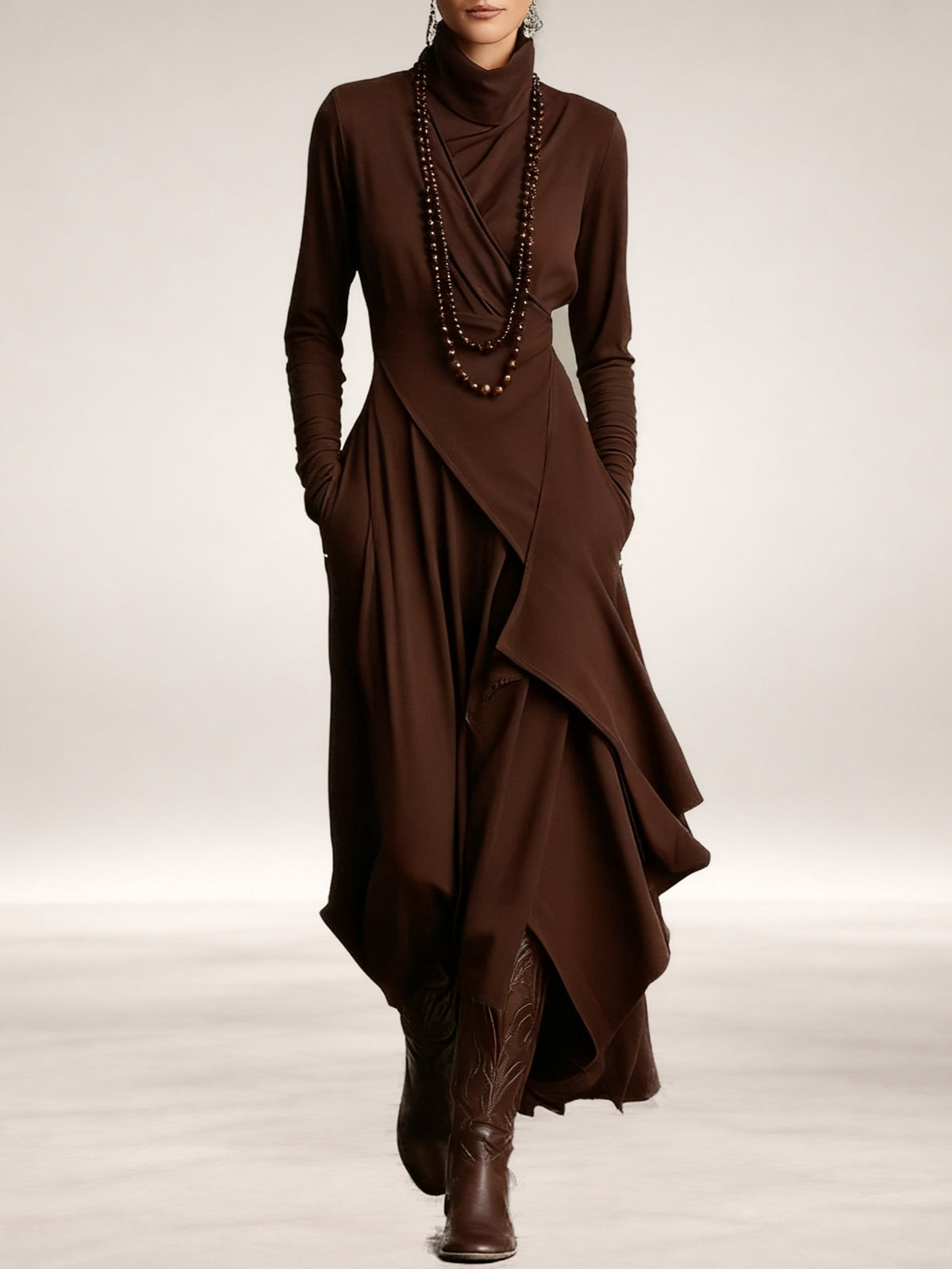 Genevieve – Turtleneck Draped Maxi Dress for Women in Brown