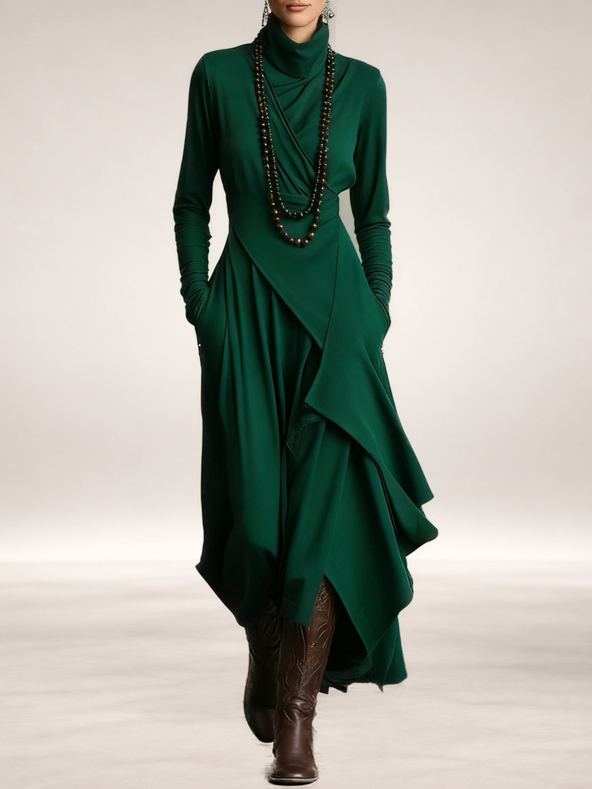 Genevieve – Turtleneck Draped Maxi Dress for Women in Green
