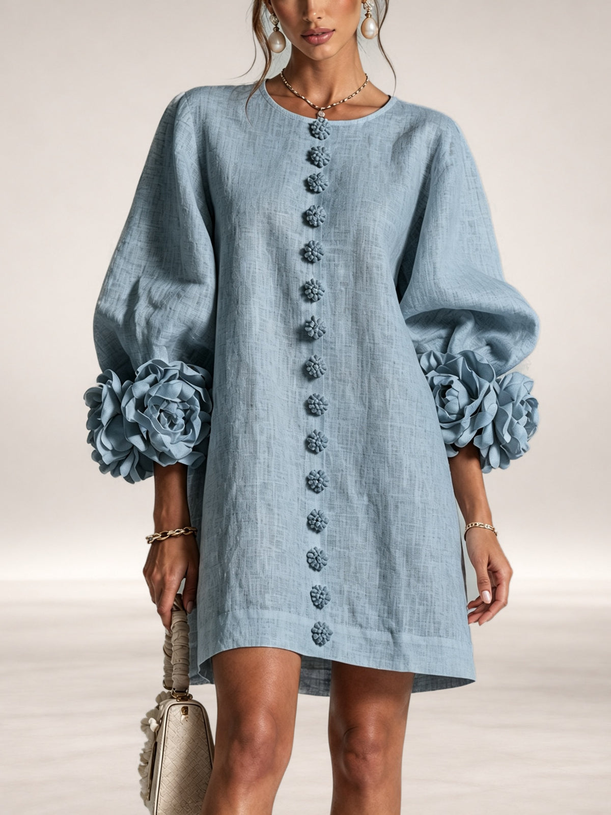 Henrietta – Floral-Cuff Button Mini Dress in Dusty Blue
