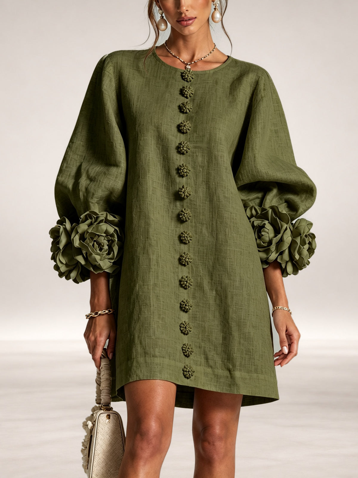 Henrietta – Floral-Cuff Button Mini Dress in Olive