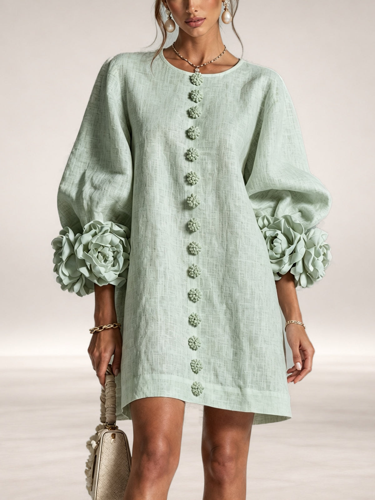 Henrietta – Floral-Cuff Button Mini Dress in Sage Mist