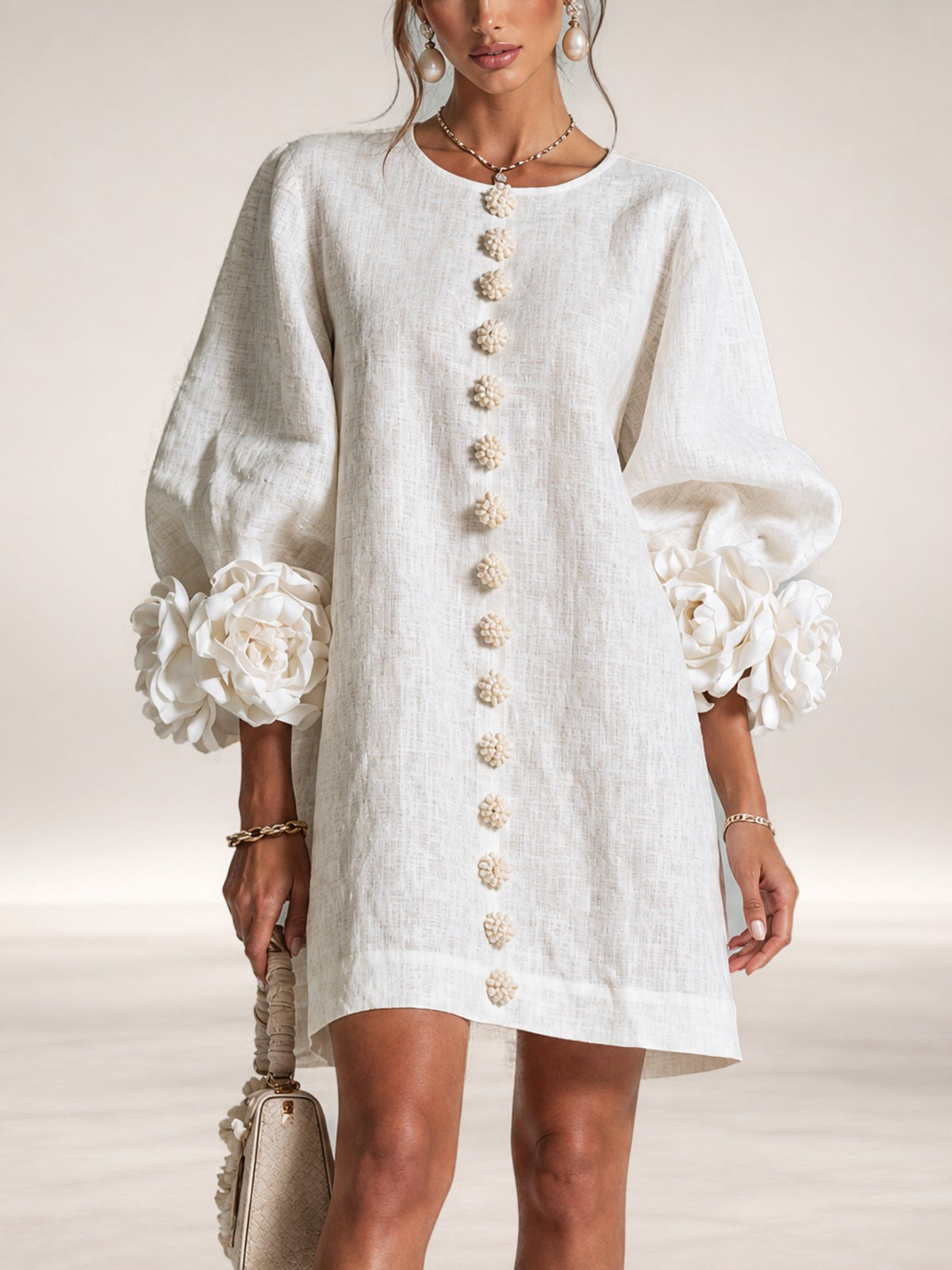 Henrietta – Floral-Cuff Button Mini Dress in White