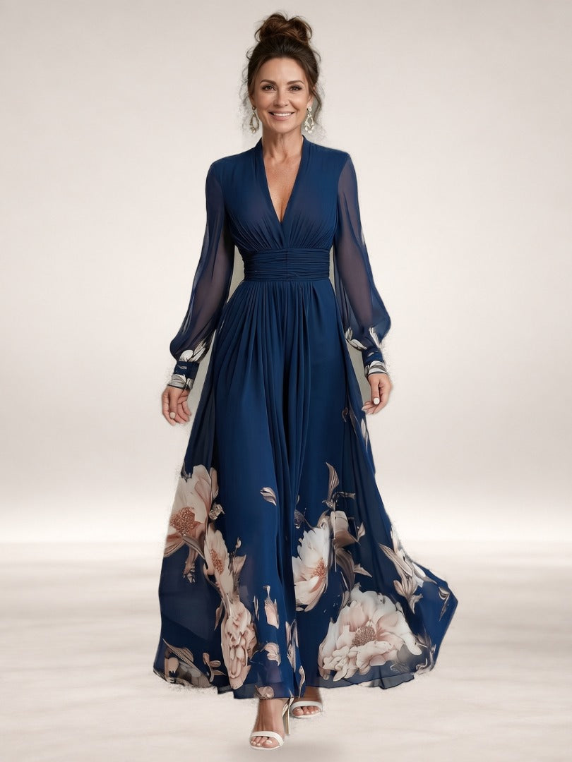 Isabelle floral hem sheer sleeve maxi dress in Navy