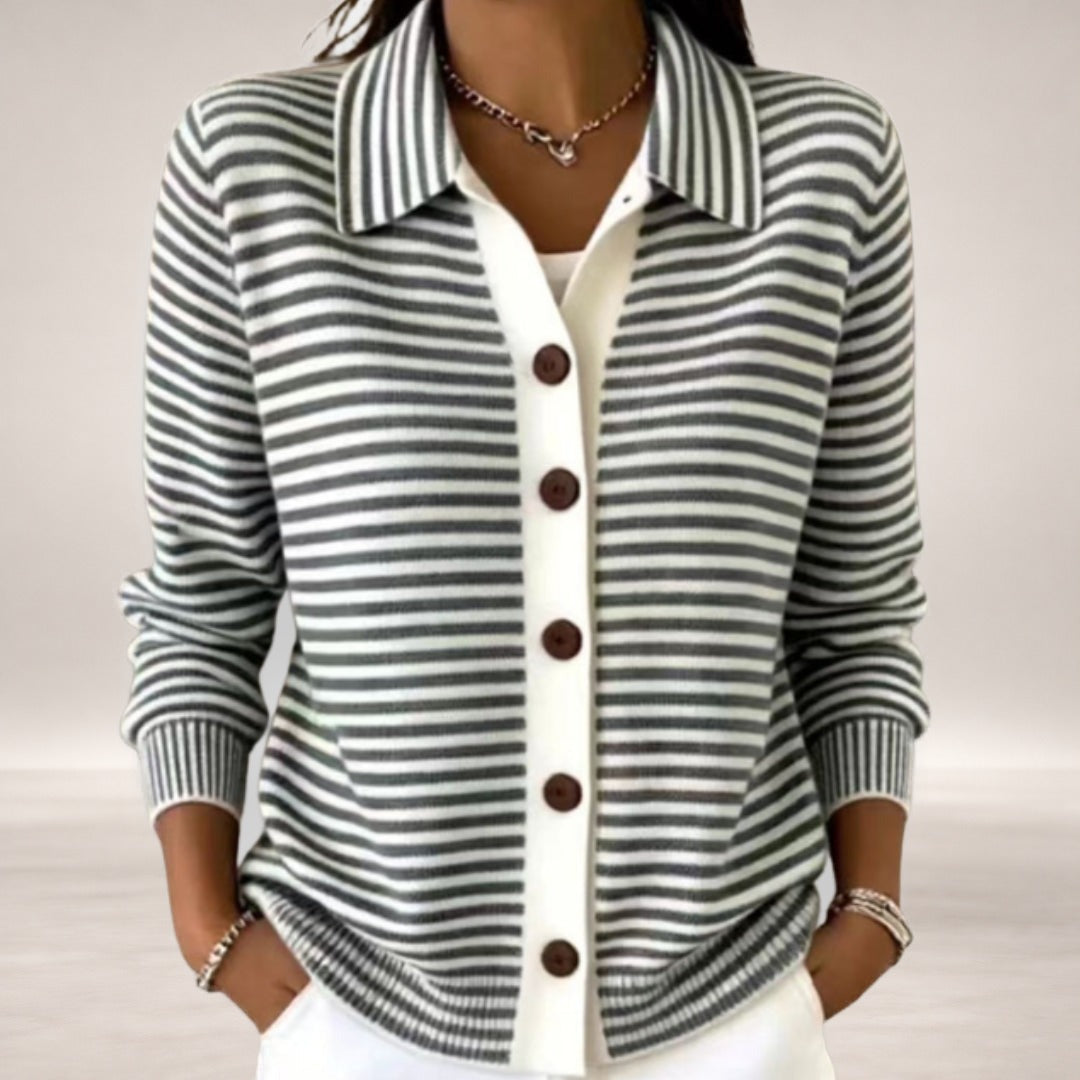 Jamie – Striped Collared Button Cardigan for Women in Black