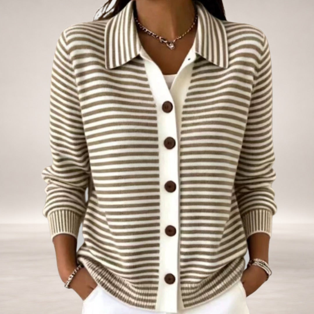 Jamie – Striped Collared Button Cardigan for Women in Brown